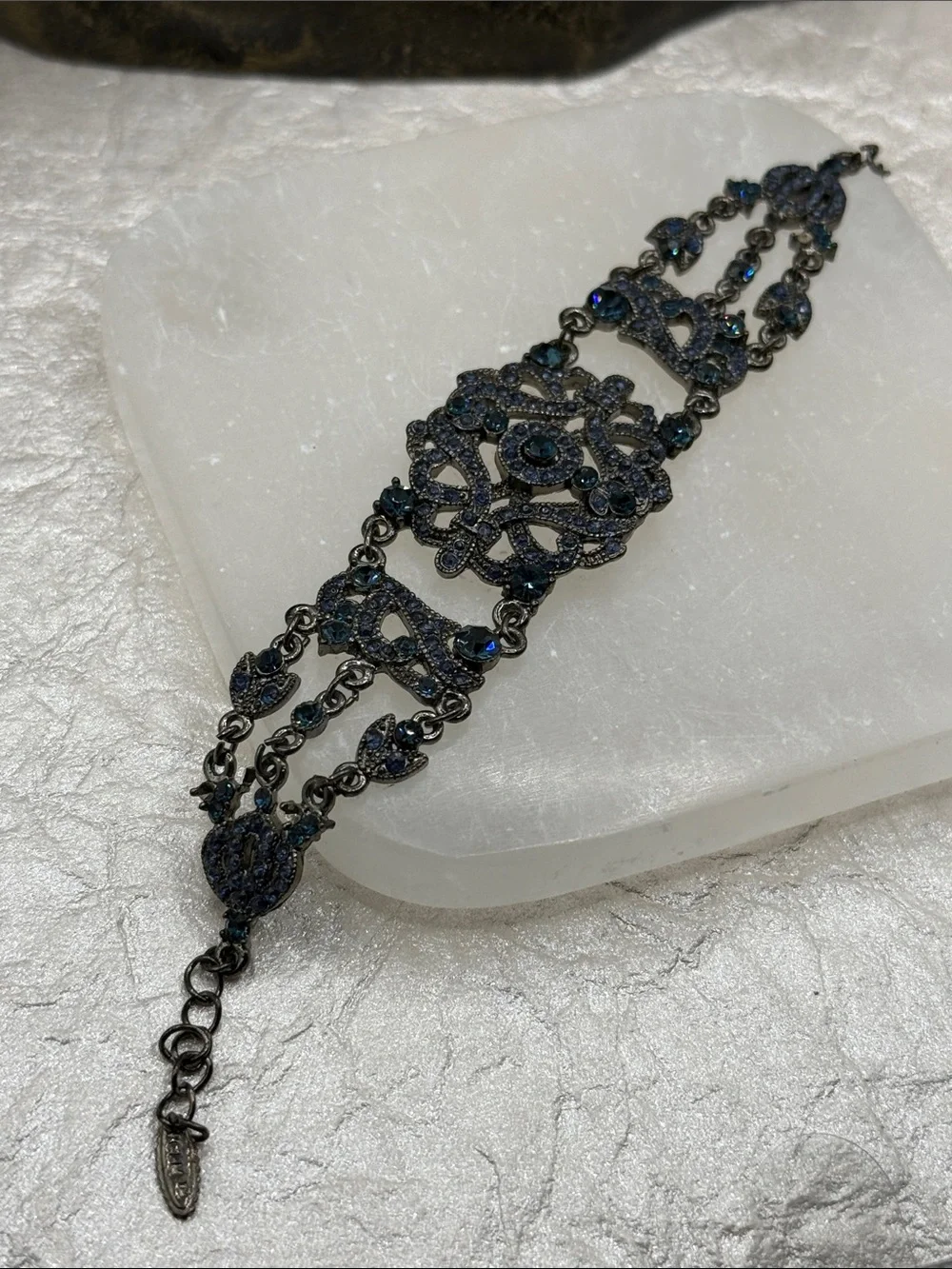 VCLM Blue rhinestone Filigree Bracelet gunmetal fairycore openwork enchantment